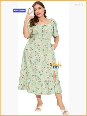 Plus Size Square Neck Floral Print Summer Dress Ruffle Sleeve Tie Front Slit Hem